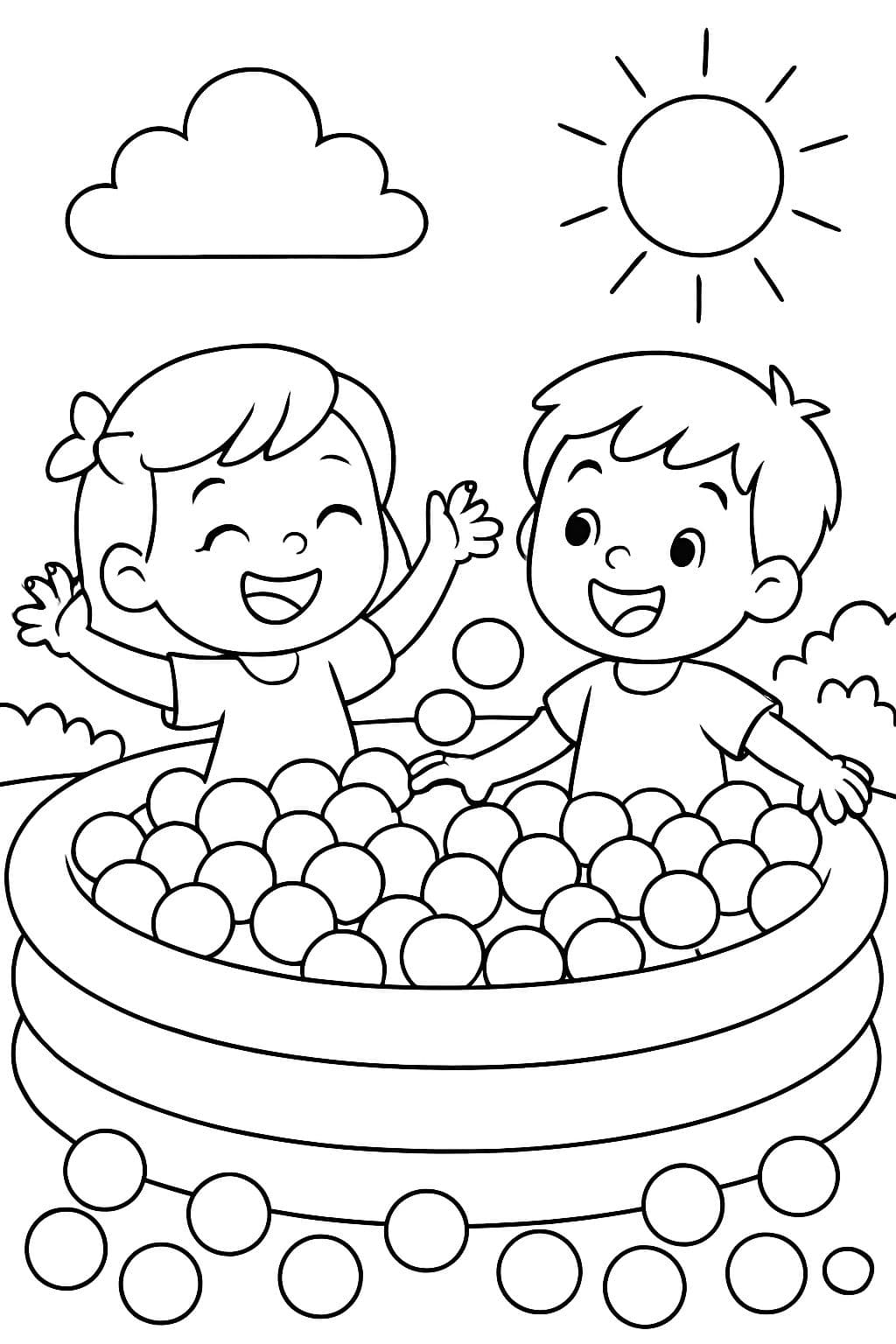 E uma menina e um menino brincando em uma piscina de bolinhas cheia de muitas bolas.