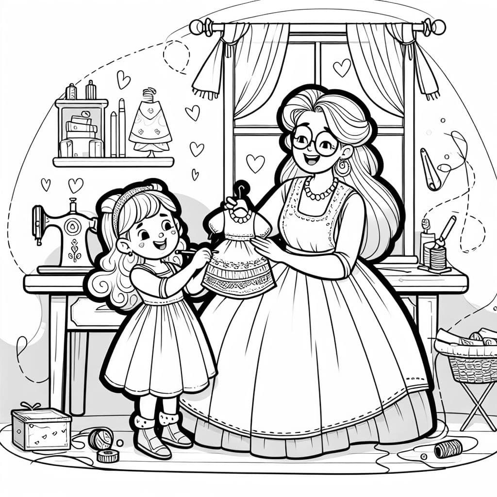 Una madre está cosiendo un vestido junto a su hija. Esto fomenta la creatividad y la destreza.