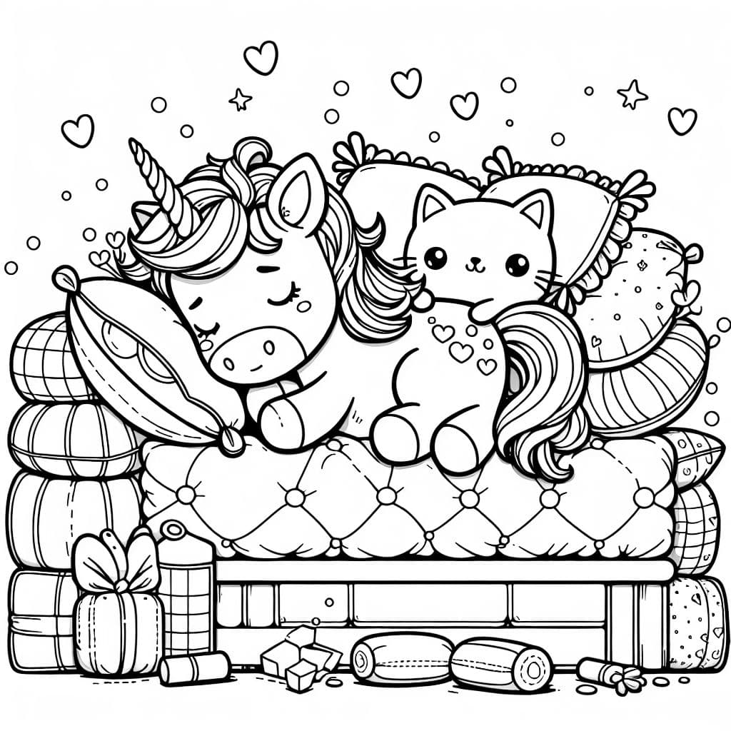 Ein Einhort, das in einem Bett mit vielen Kissen schläft und ein Kuscheltier in Form einer Katze hat.