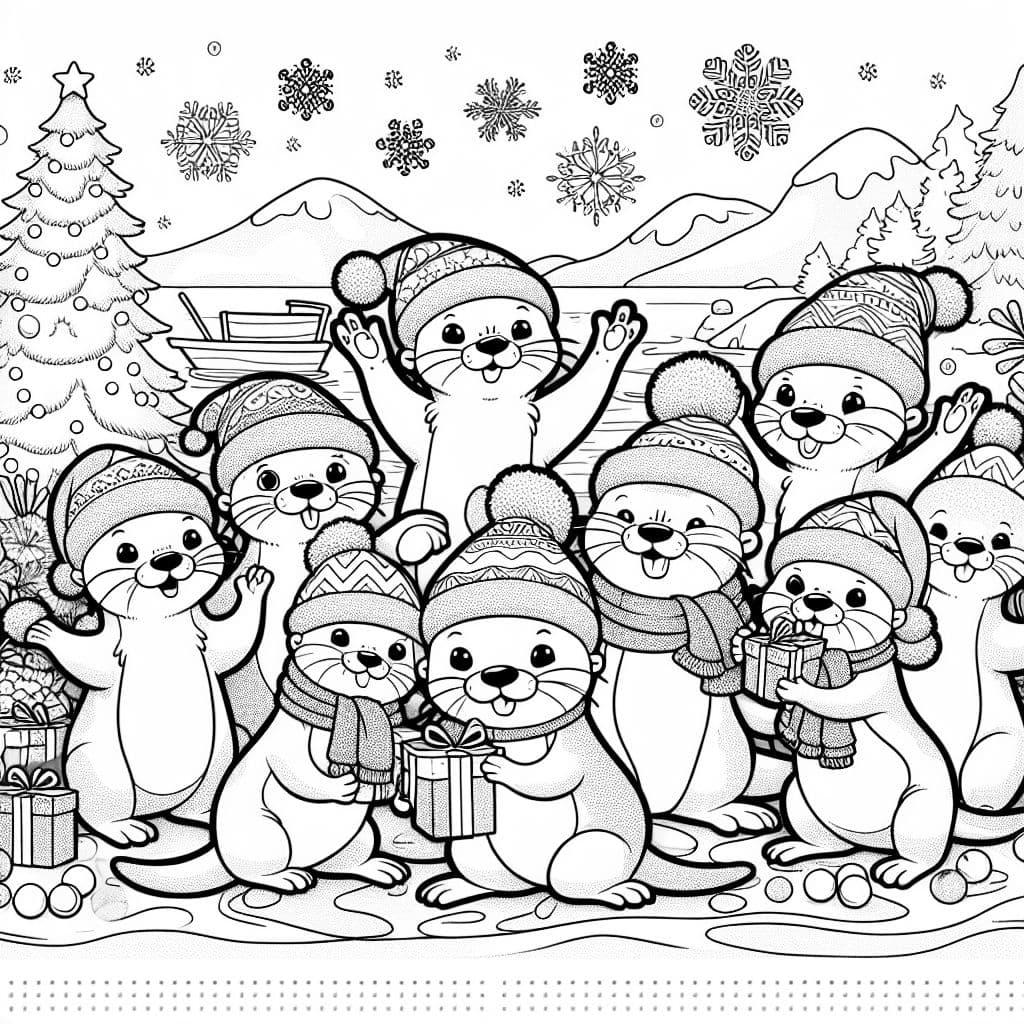 eine Gruppe von 22 Ottern, die Weihnachten feiern