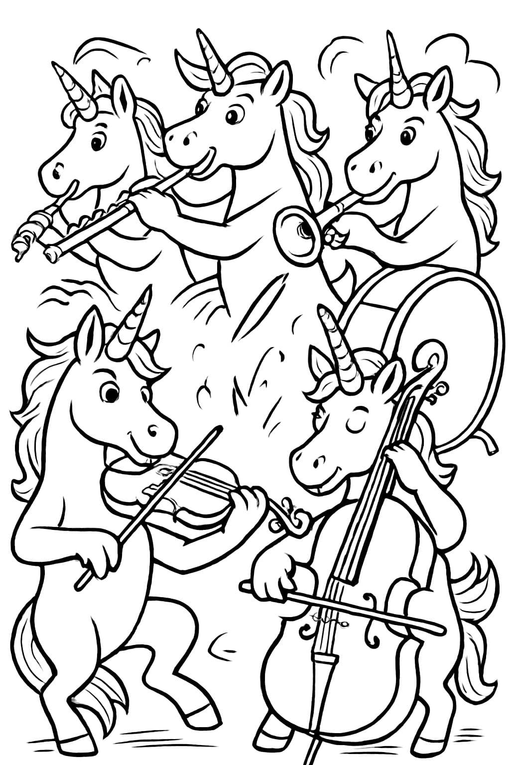 una orquesta de unicornios que tocan instrumentos de cuerda, flauta, trompeta y un bombo