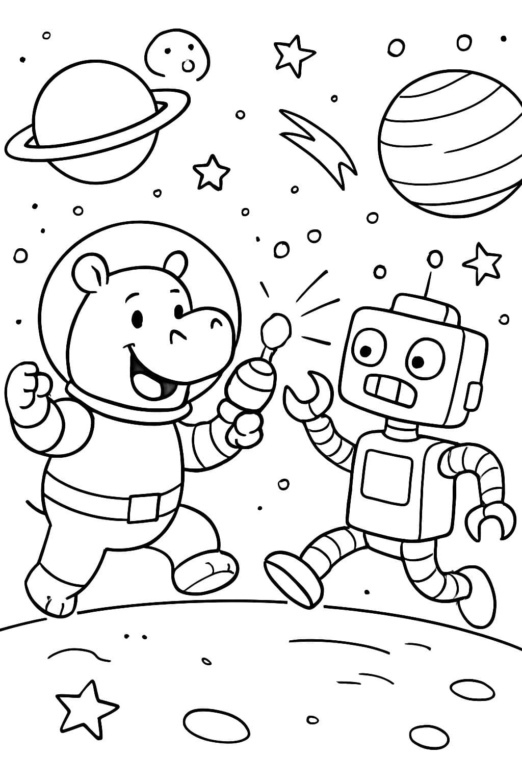 Ein Nilpferd kämpft gegen einen Roboter im Weltraum