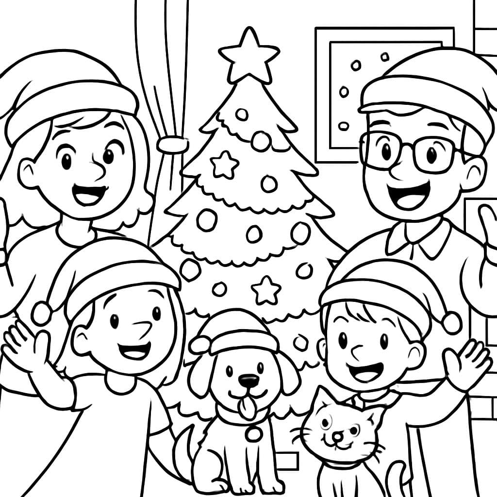 Un perro y un gato celebrando la Navidad con su familia, que consta de madre, padre, hija e hijo.