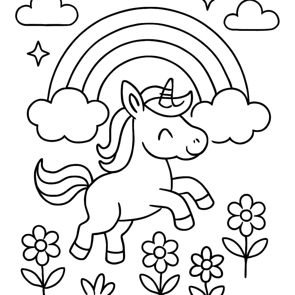Un arc-en-ciel avec une licorne chevauchant un arc-en-ciel en dessous et quelques fleurs.