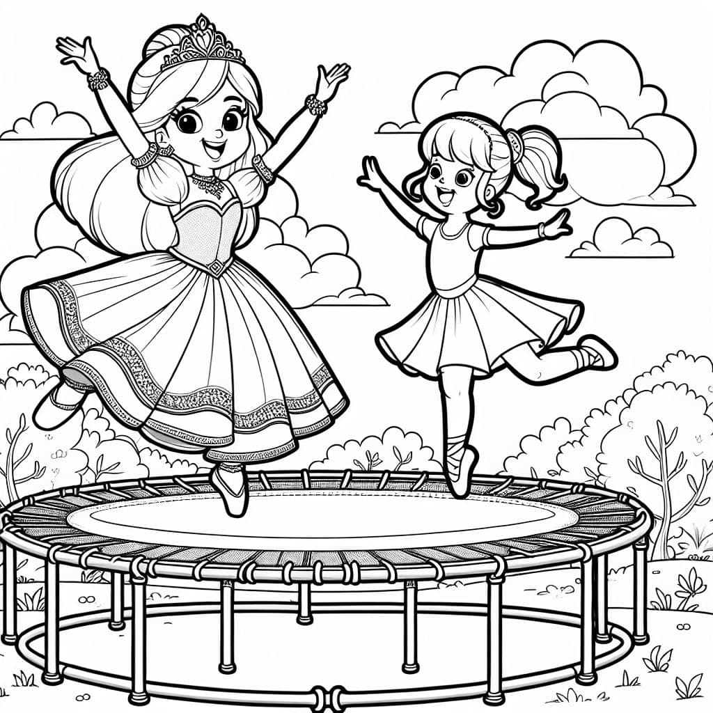 Prinzessin und Ballerina, die auf dem Trampolin hüpfen