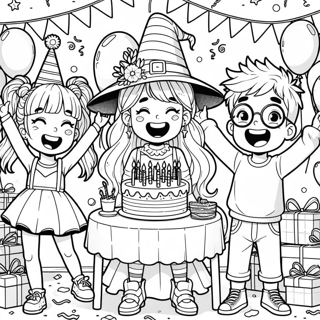 drei geschwister, zwei mädchen und ein junge, feiern mit einer hexe geburtstag