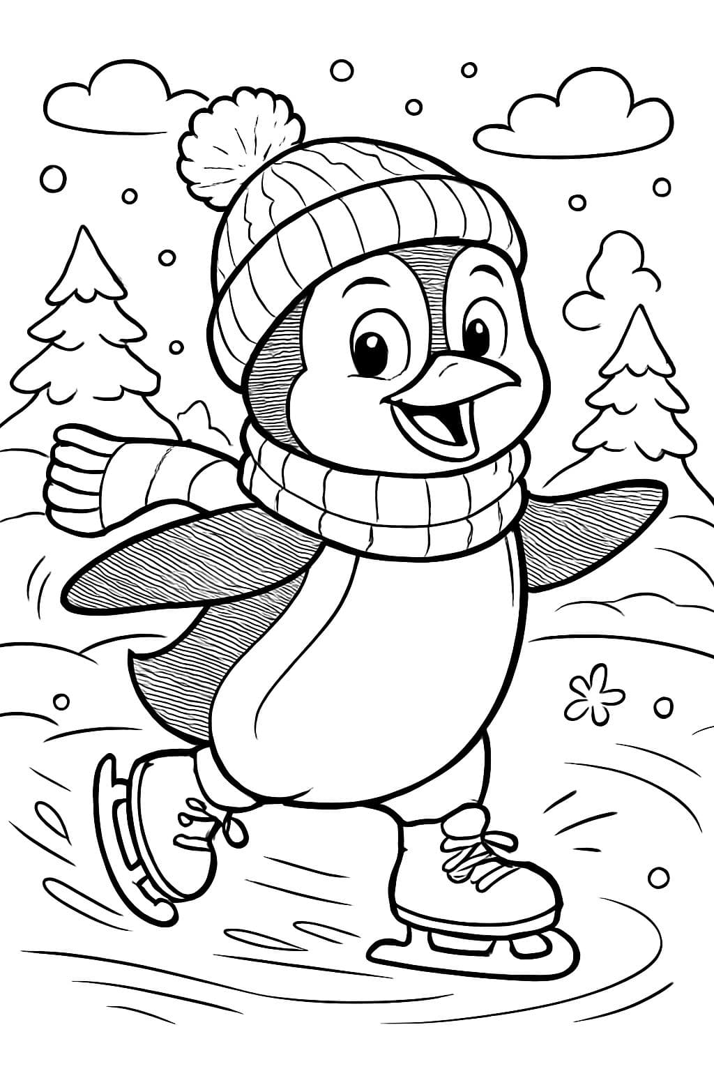 Un pingouin avec une écharpe et un bonnet faisant du patin