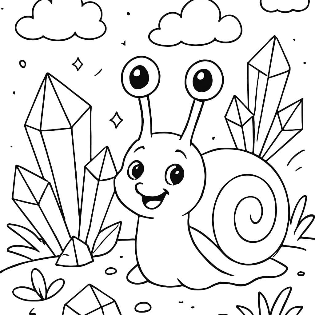 bébé escargot avec des yeux sur les tentacules et des cristaux