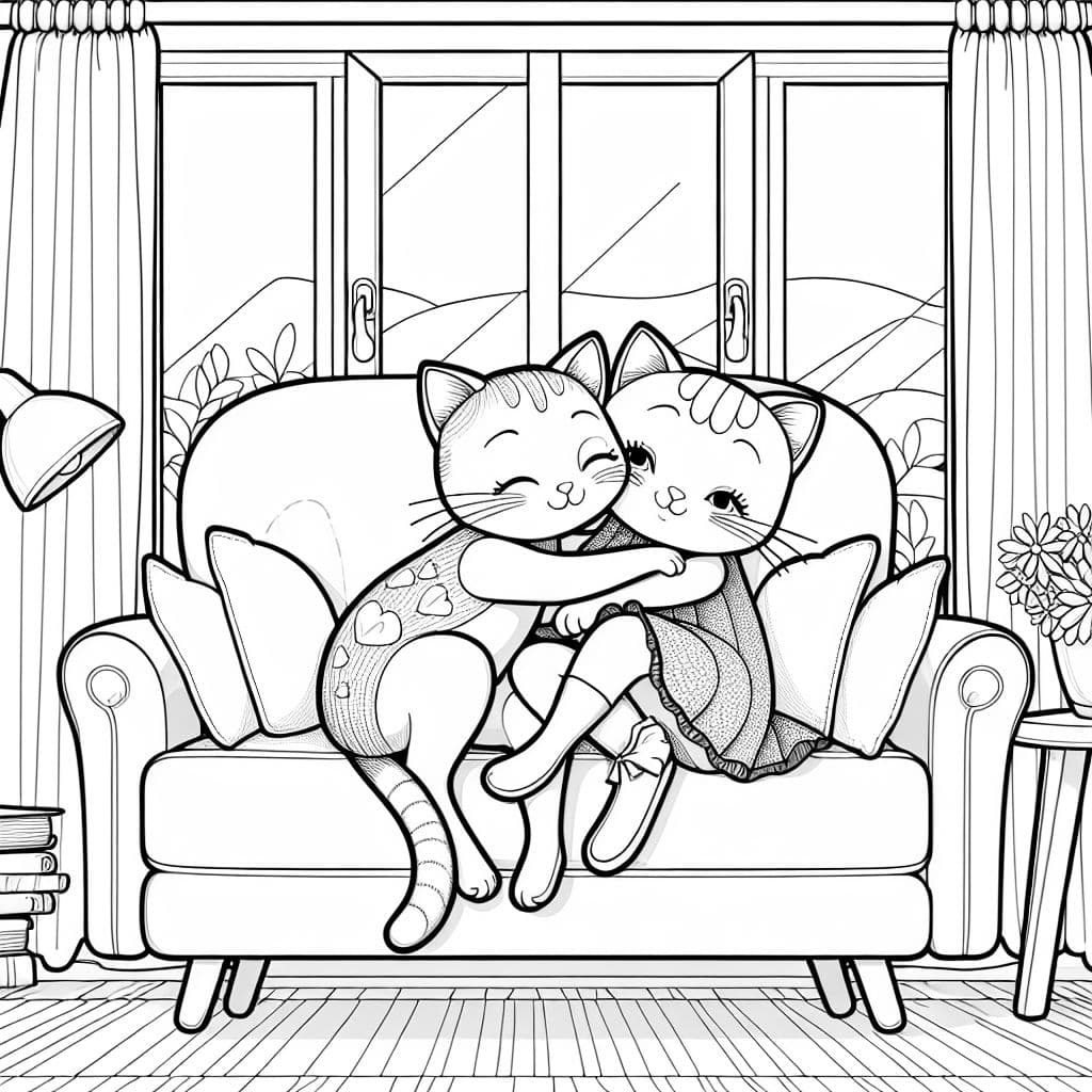 Zwei süße weibliche Katzen, die auf dem Sofa kuscheln.