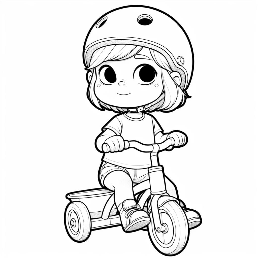 Niña rubia pequeña con casco montando un triciclo