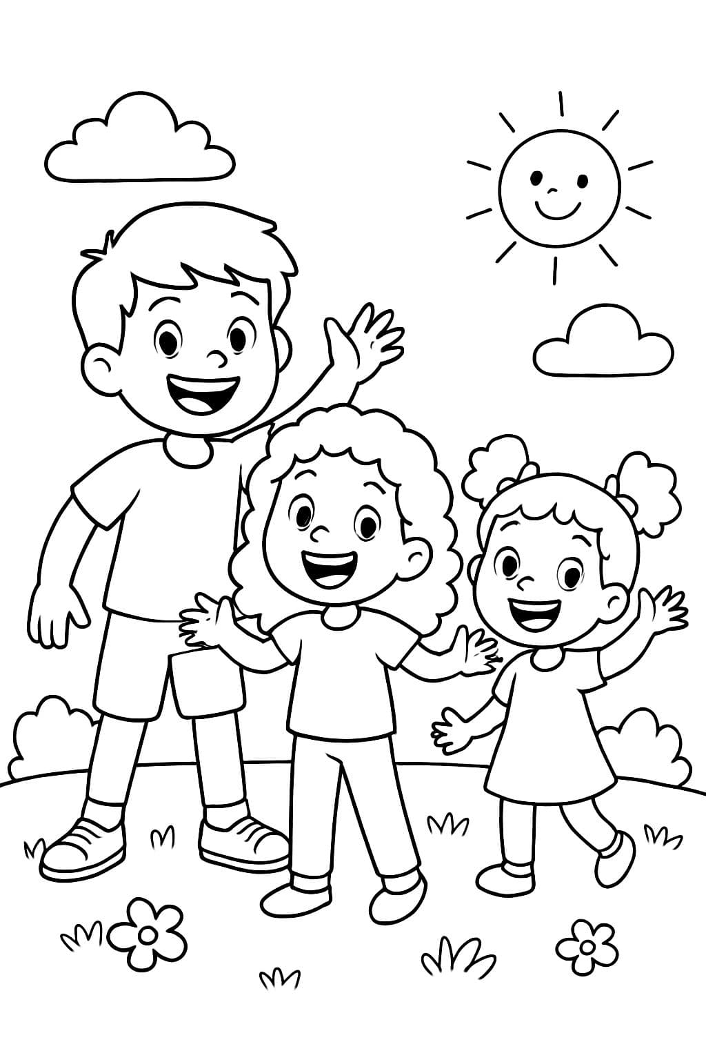 Older brother with shorts and a t-shirt, middle sister with curls and pants, and little sister with curls and two pigtails.
