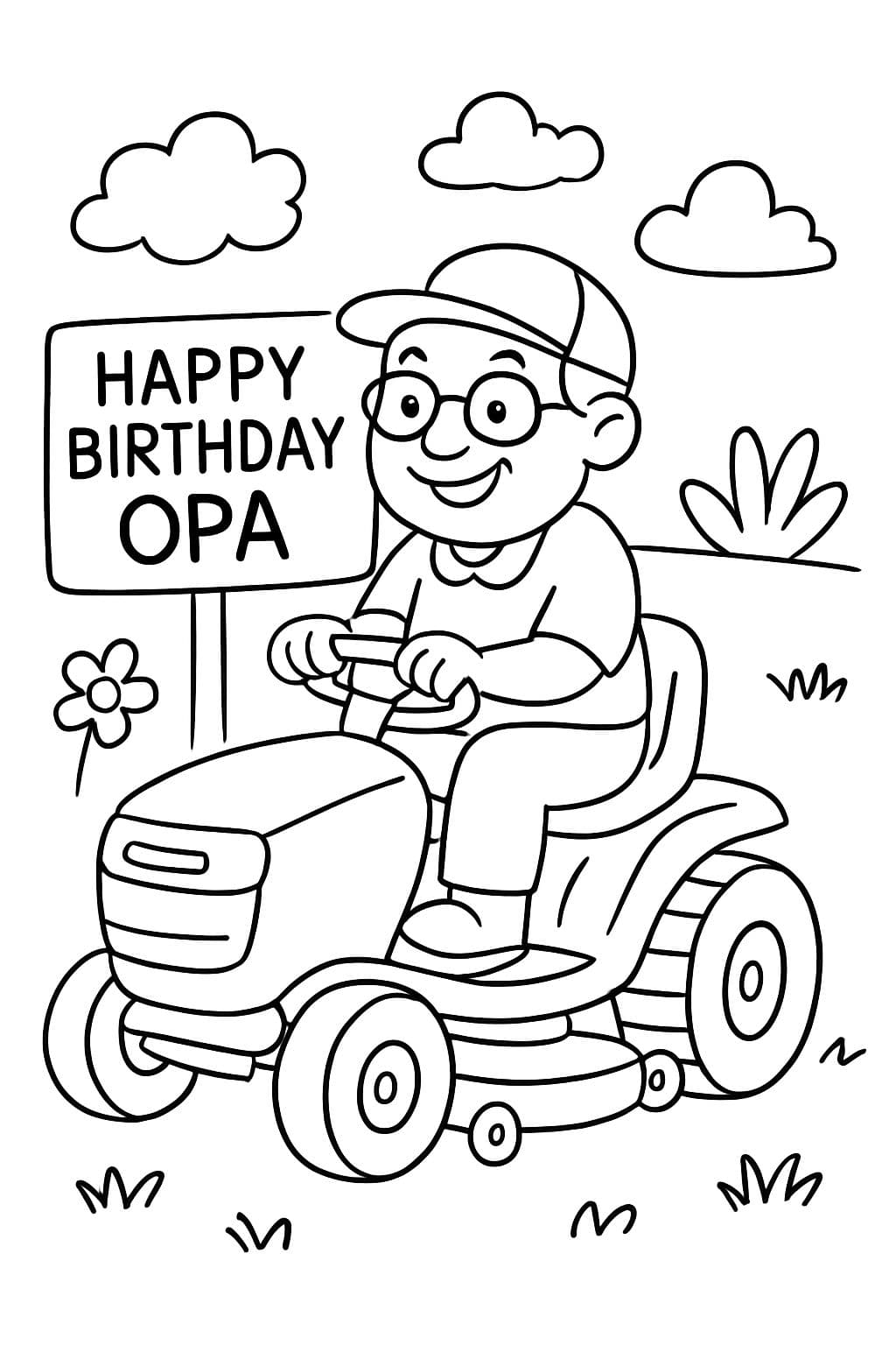 Système d'entretien de pelouse avec l'inscription Joyeux Anniversaire Papi