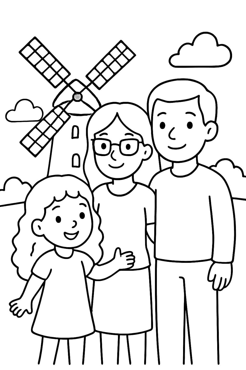 Une petite fille avec de longs cheveux bouclés, une mère avec des lunettes et un père devant un moulin à vent.
