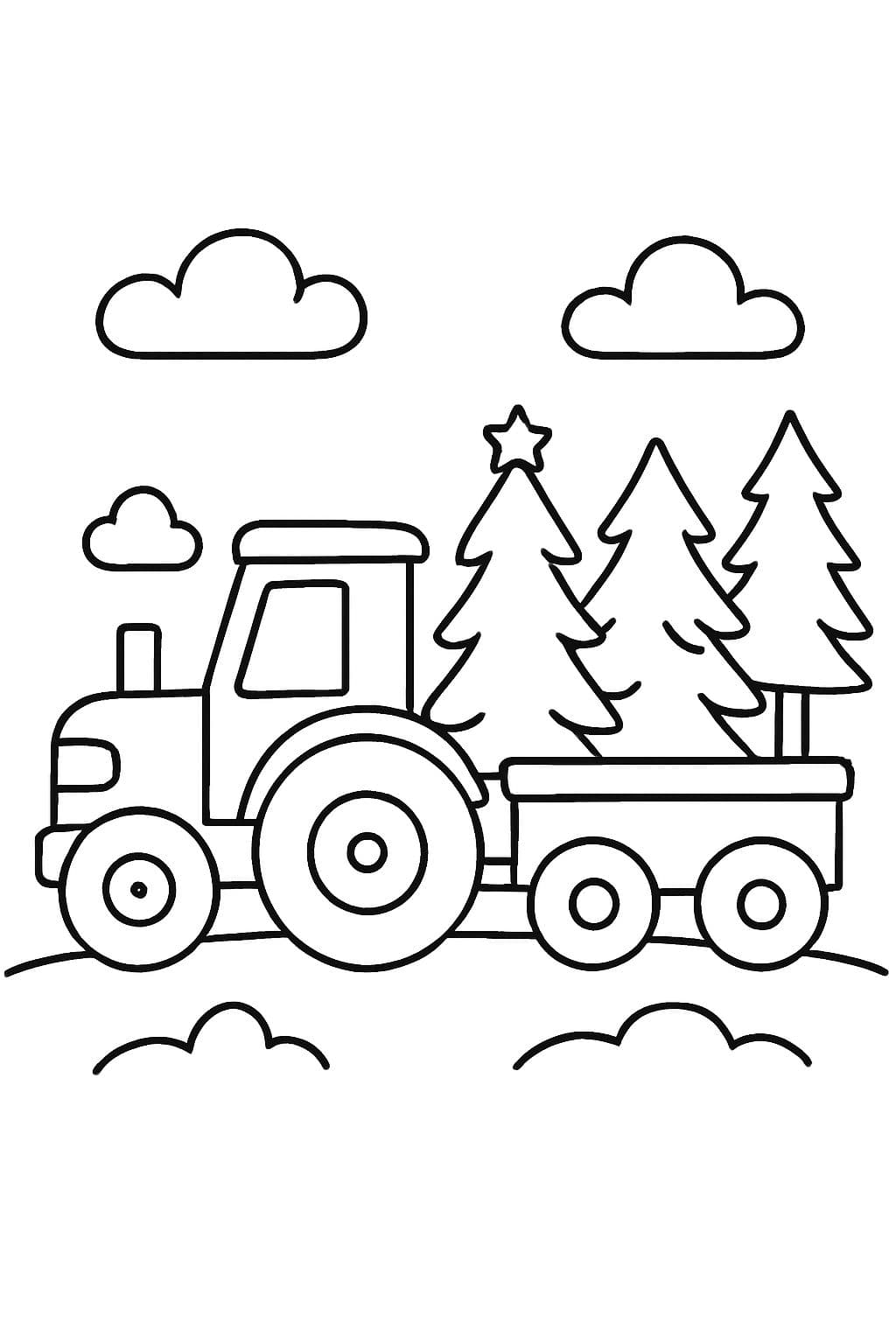 Ein Traktor mit einem Anhänger, der Weihnachtsbäume transportiert.