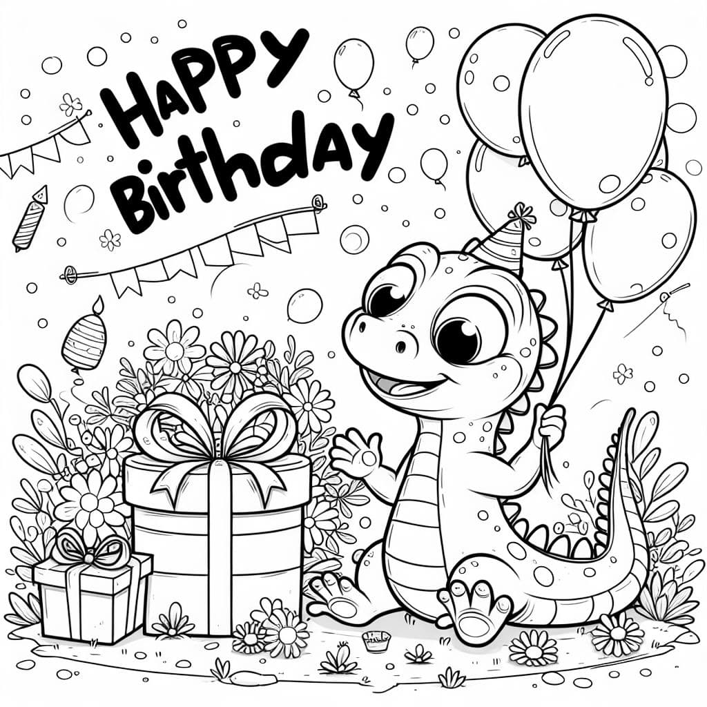 Le lézard souhaite un joyeux anniversaire avec des ballons et des fleurs