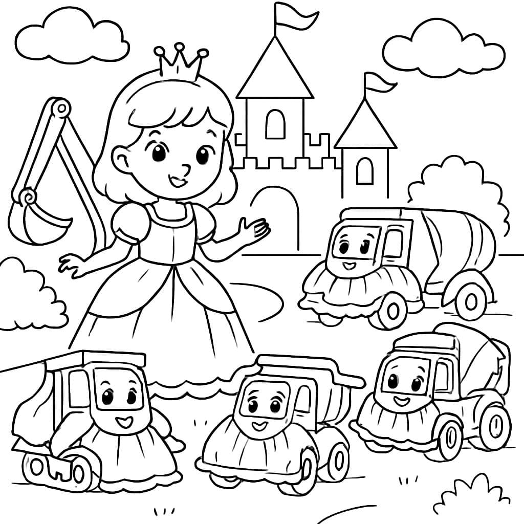 Una pequeña princesa, una excavadora pequeña, un camión volquete pequeño, un bulldozer pequeño y una mezcladora de cemento pequeña, todos vestidos con vestidos de princesa en un castillo.