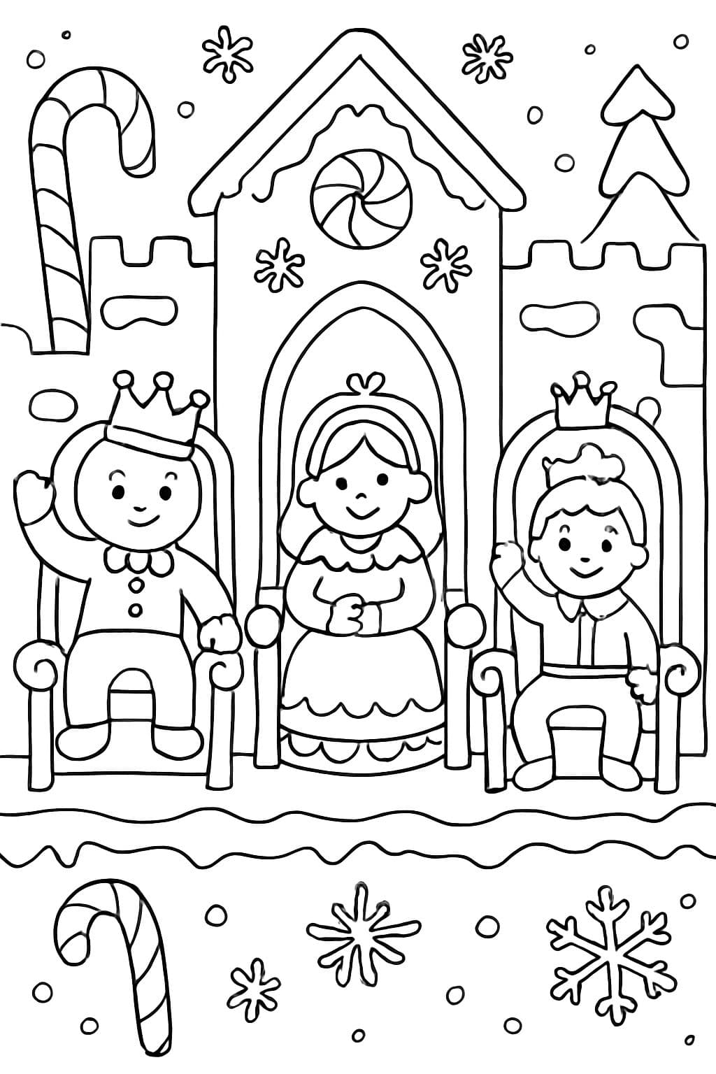 un rey, una reina, una princesa y un príncipe de jengibre sentados en tronos dentro de un castillo de jengibre, con decoraciones de bastones de caramelo y copos de nieve de glaseado.