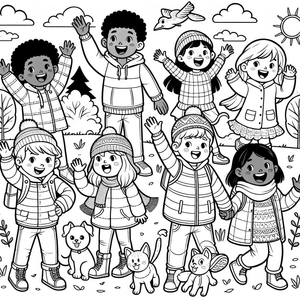Group of people with children that look white, black, and latino, and arab. They are waving goodbye. They are not wearing winter clothes. There are cats and dogs present and a small dragon.