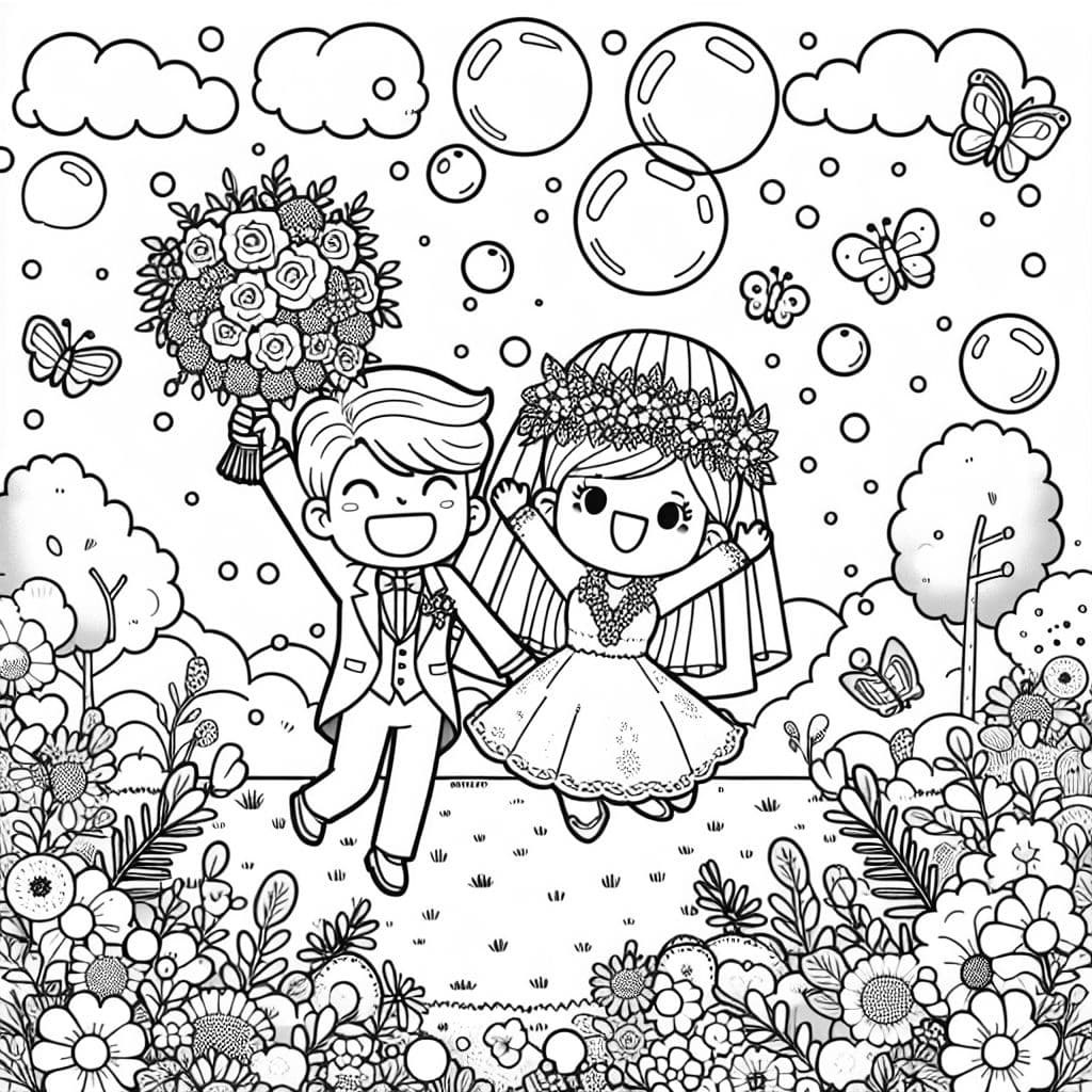Un couple de mariés avec des fleurs et des bulles de savon