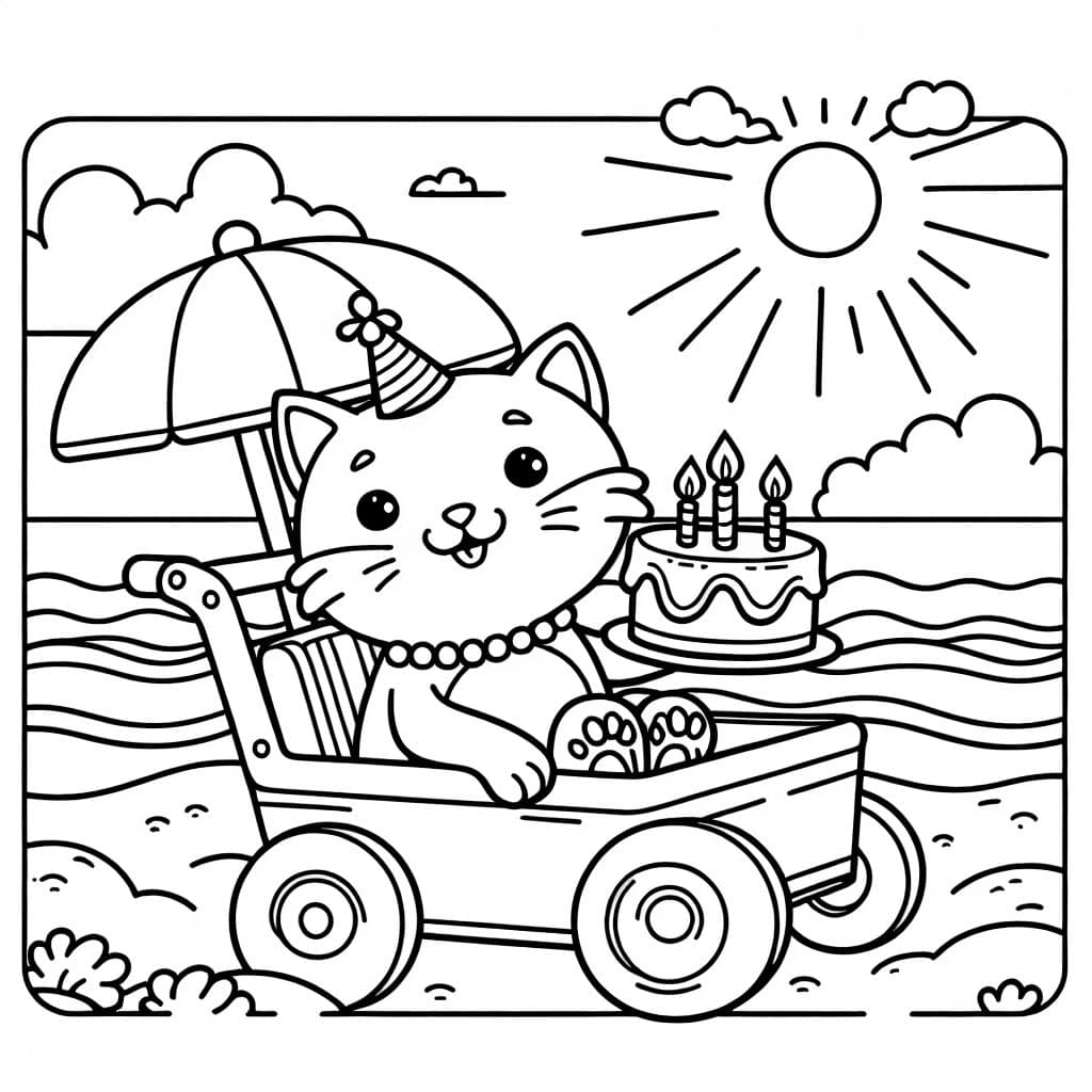 un gato en un buggy de la playa sosteniendo un pastel de cumpleaños en sus patas
