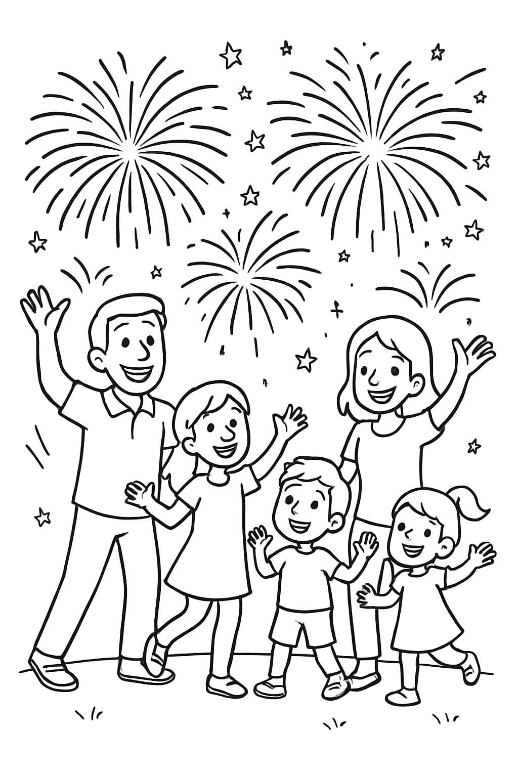 Ein großes Feuerwerk und eine Familie mit Vater, Mutter, großer Tochter, mittlerem Sohn und kleiner Tochter.