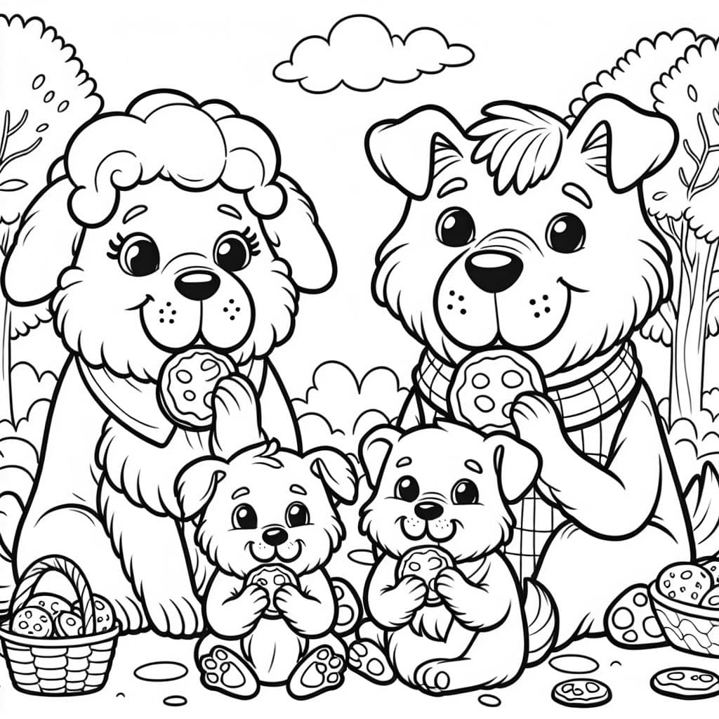 Maman, papa et grands-parents chiens avec deux chiots mangeant des biscuits