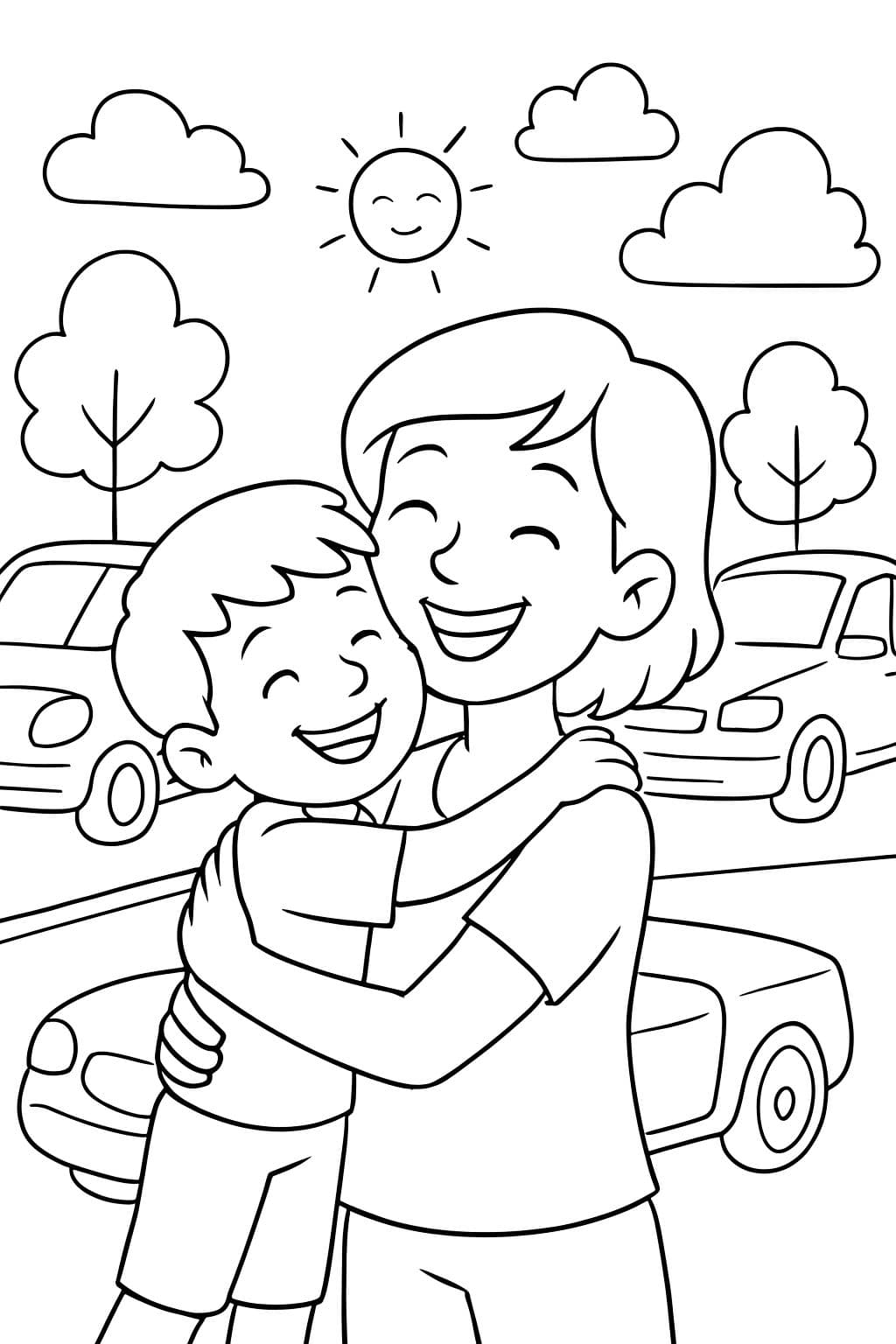 Maman avec les cheveux courts, heureuse et aimante, étreignant son enfant dans un environnement de voitures.