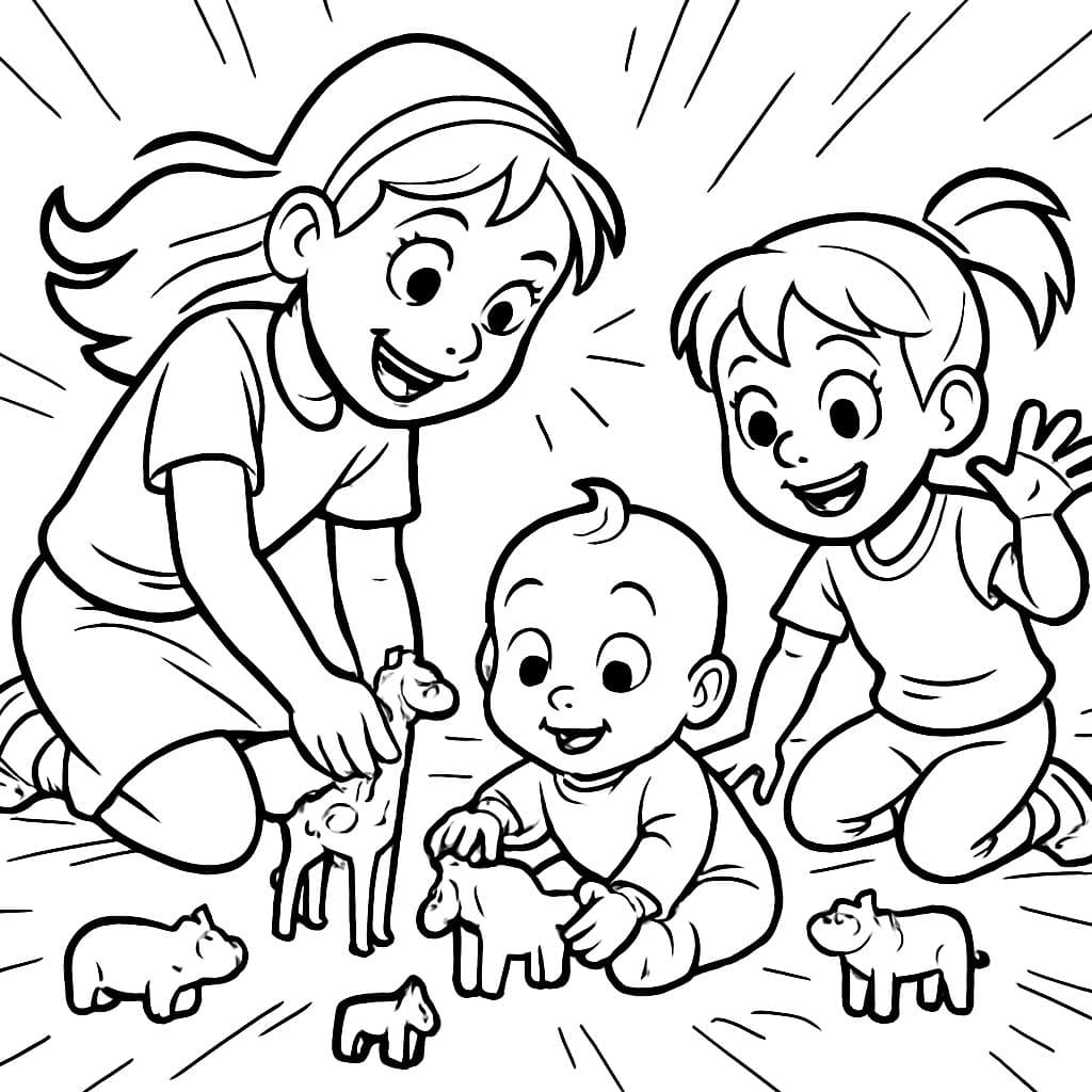 dos niñas de 6 y 4 años con un bebé en el suelo. Todos están jugando con pequeños animales de madera.