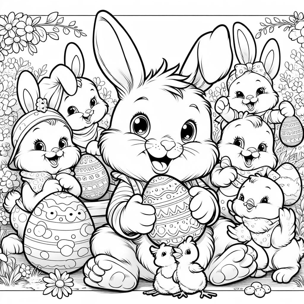 Conejos de Pascua con huevos de Pascua y un pollito