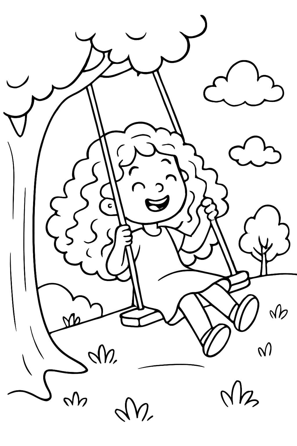 Fille aux longs cheveux bouclés jouant sur une balançoire.