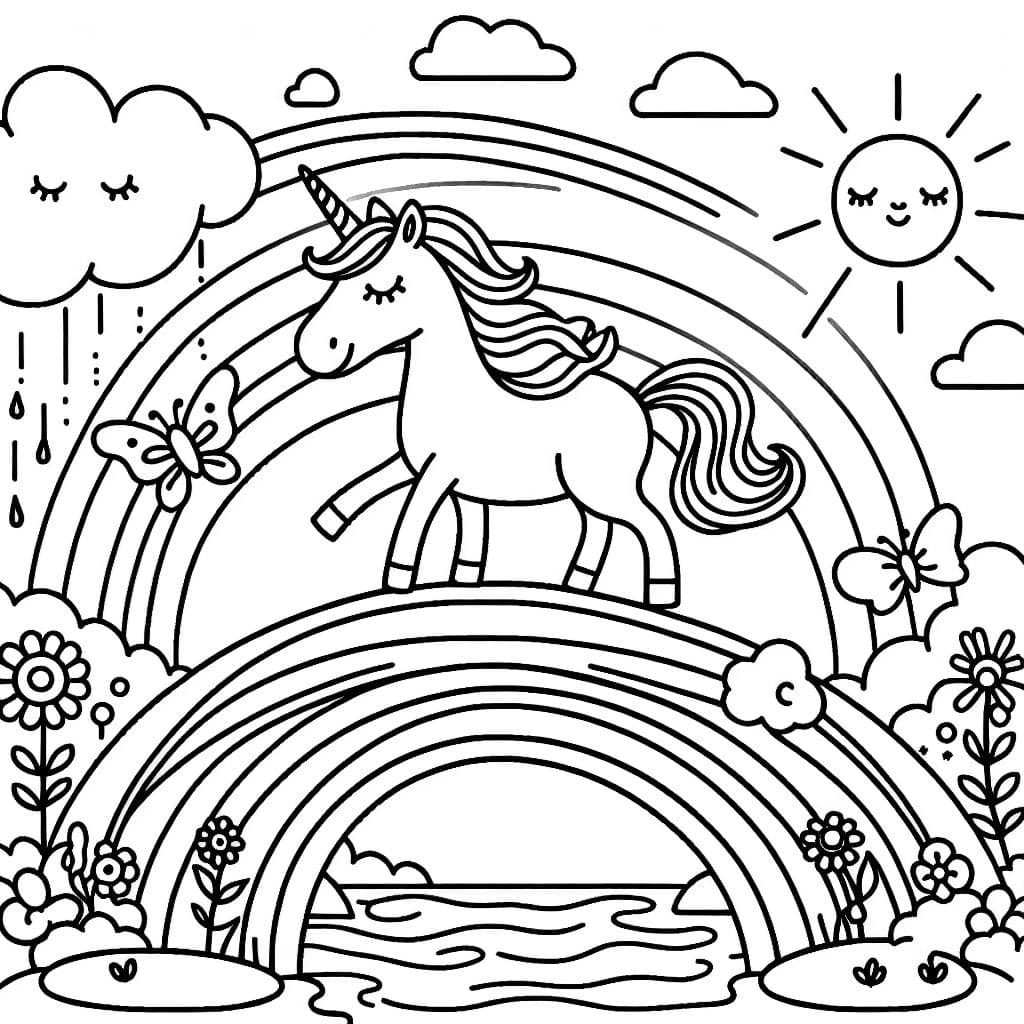 Un unicornio corriendo sobre un puente arcoíris, con nubes y el sol y hadas en el fondo