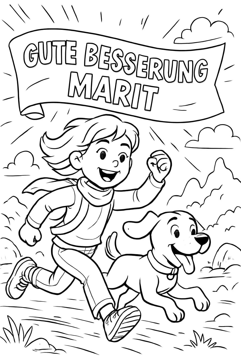 Auf dem Bild soll stehen GUTE BESSERUNG MARIT mit eim Hund