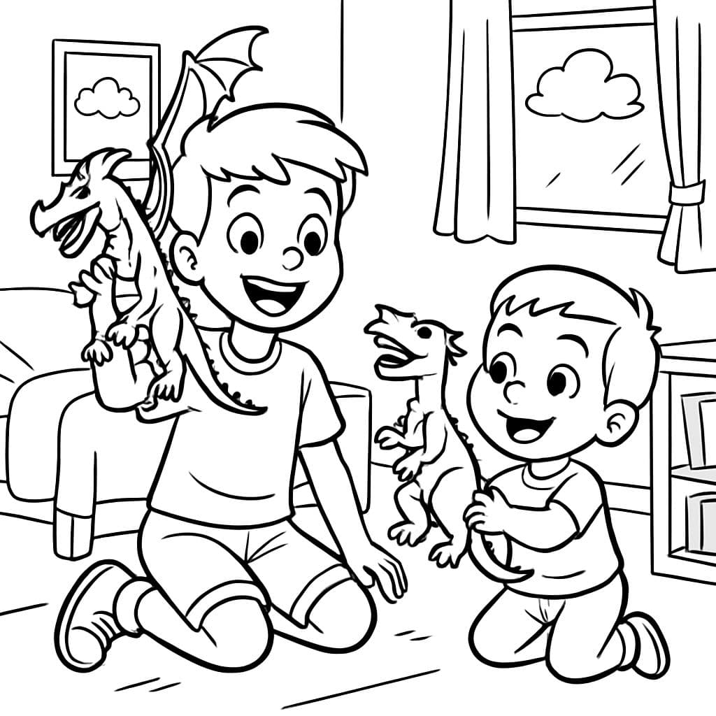 Un niño de 7 años y un niño de 3 años jugando con dragones de juguete.