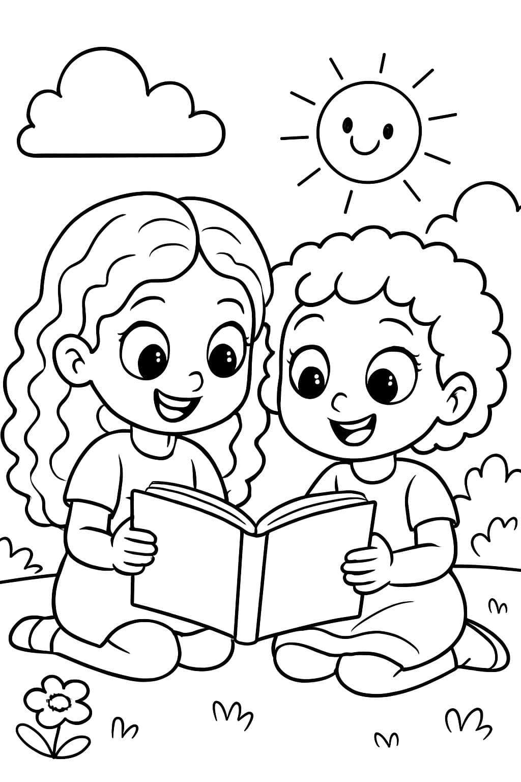 Duas meninas pequenas com olhos grandes, uma com cabelo cacheado longo e outra com cabelo cacheado mais curto, lendo um livro juntas.