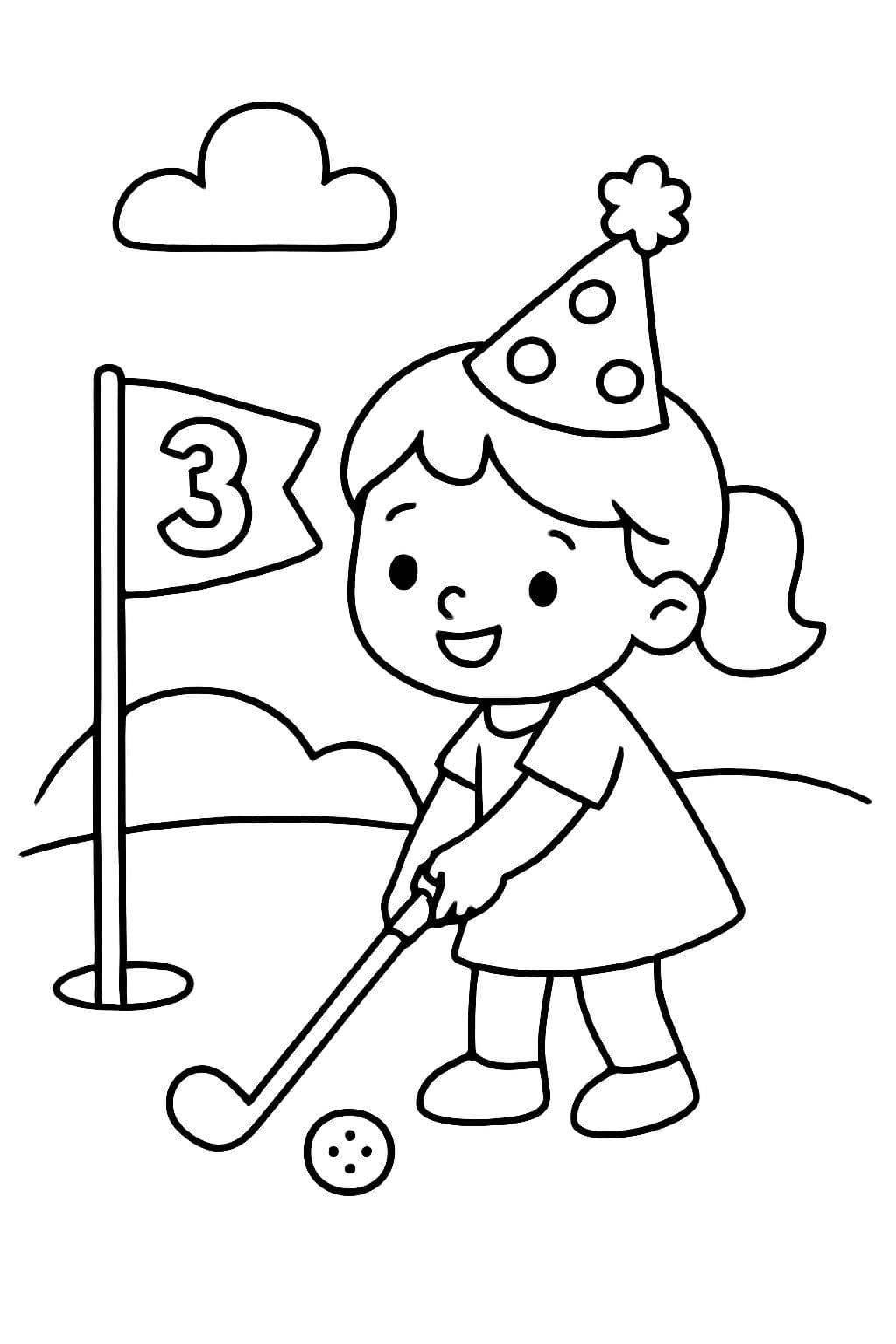 Un thème d'anniversaire de golf au trou 3 avec une petite fille jouant au golf.