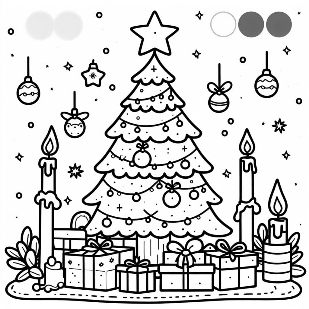 Einen Weihnachtsbaum mit Kugeln und Kerzen und einem Stern als Spitze mit Geschenken unterm Baum