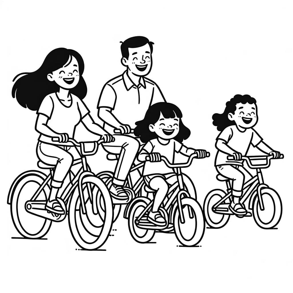 Una mamá, un papá, un hijo y una hija montando en bicicletas.