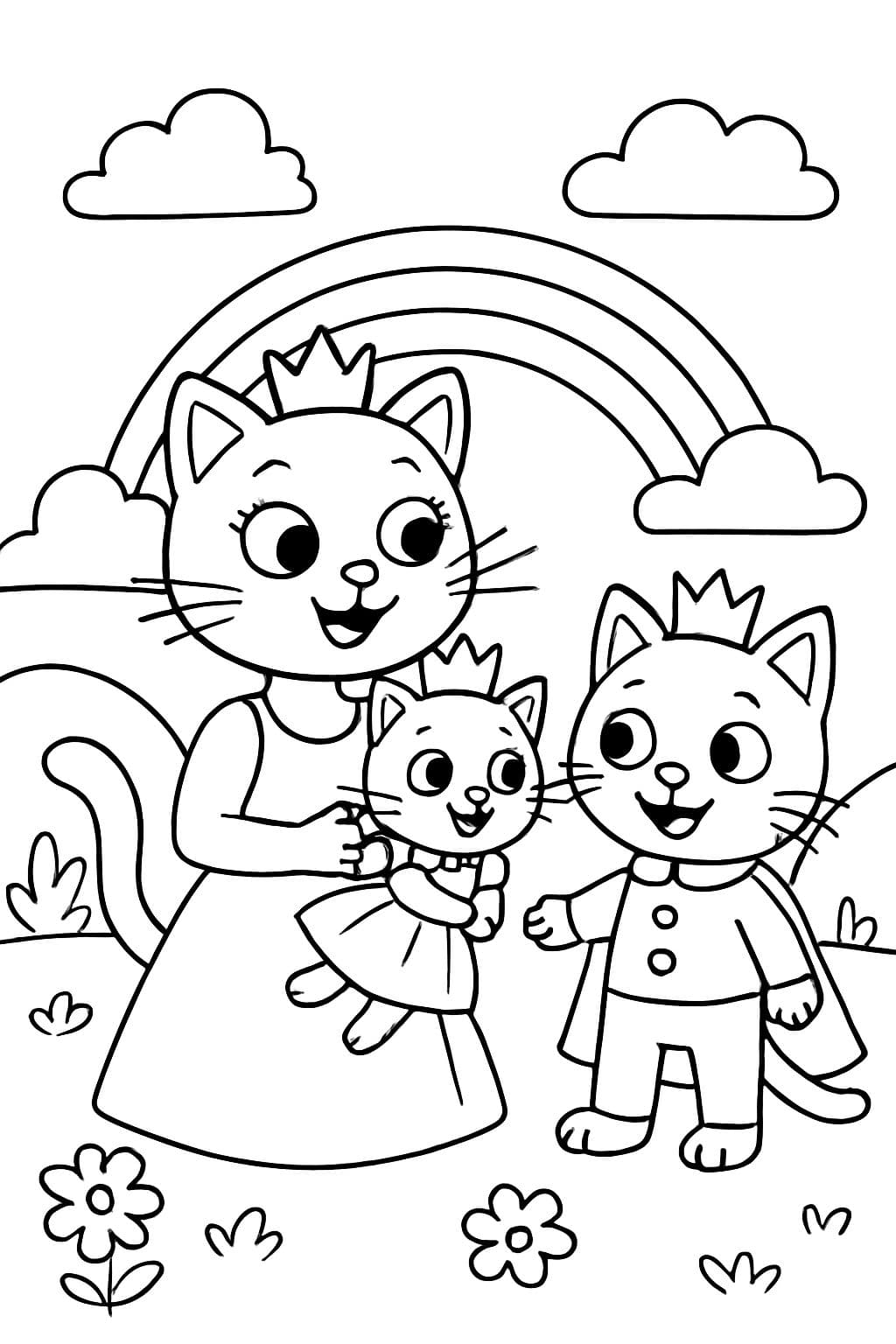 Uma princesa gata com um vestido sem mangas, segurando uma princesa gata bebê com um vestido e uma coroa, e um príncipe gato do mesmo tamanho que a princesa gata, todos usando coroas.