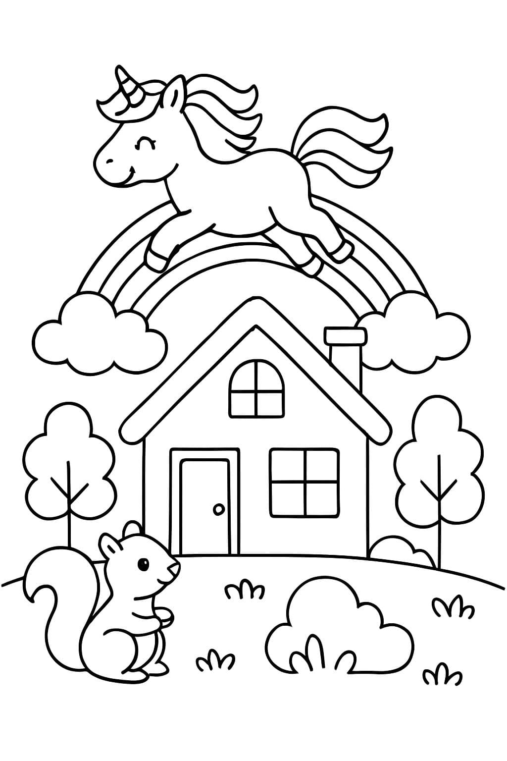 ein Haus mit einem Regenbogen und einem Einhorn darüber und einem Eichhörnchen in der Nähe des Hauses