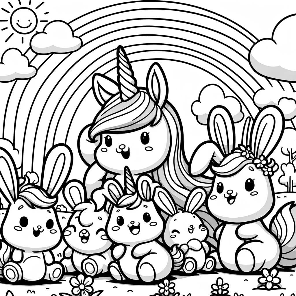 Un grupo de Unibunnies coloridos y amigables divirtiéndose juntos.