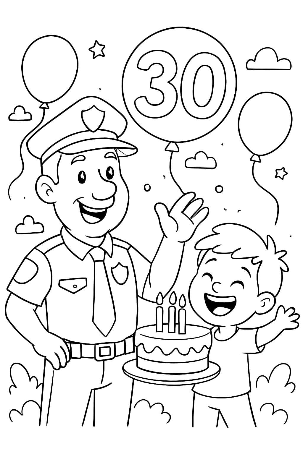 Un oncle policier et un enfant de 5 ans avec de la joie et des vœux d'anniversaire pour ses 30 ans.