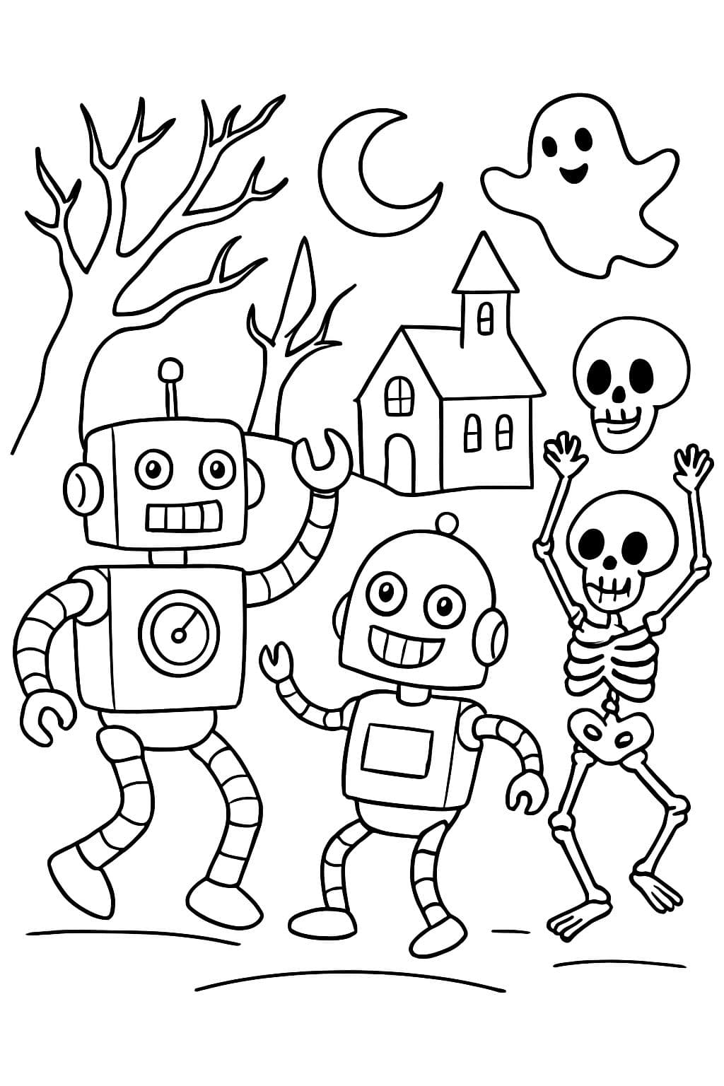 Robots y esqueletos bailando en un ambiente espeluznante