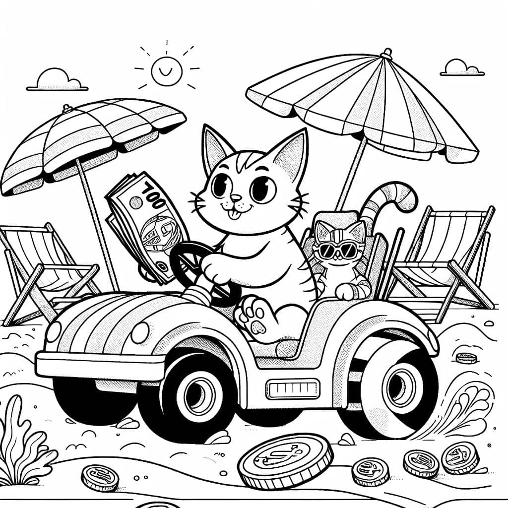 un gato en un buggy de playa con 100€ en sus patas
