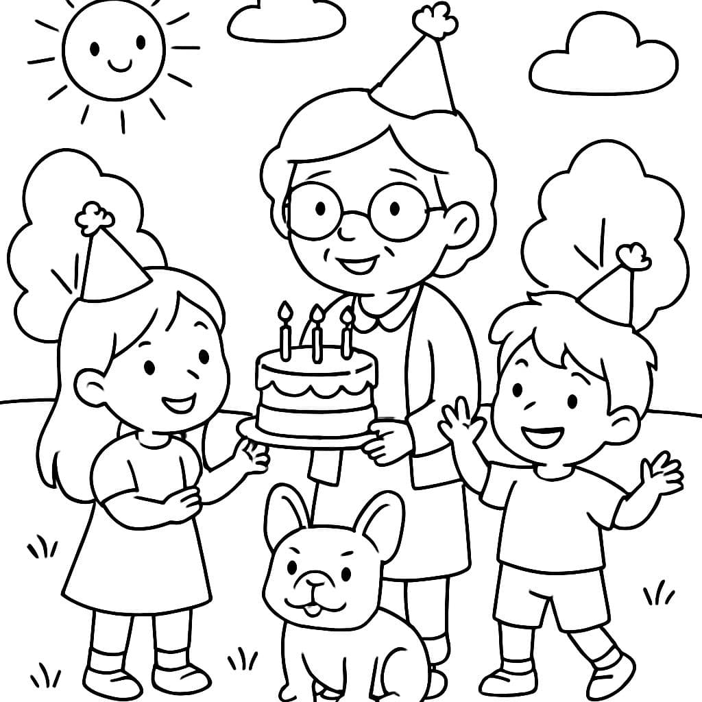 Oma feiert Geburtstag mit Enkeltochter, Enkelsohn und französischer Bulldogge in der Natur