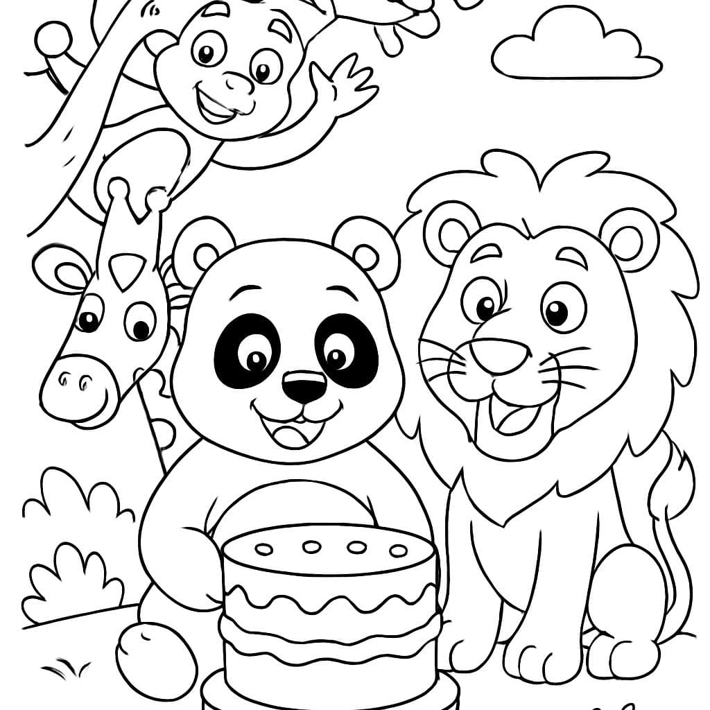 Un panda con un pastel de cumpleaños sin velas y otros animales del zoo rodeando al león.