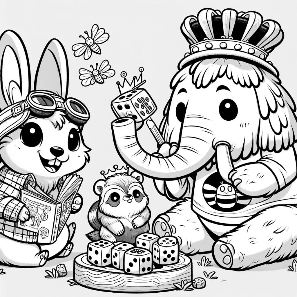 ein Hase mit einer Propellermütze, ein Waschbär mit einer Krone und ein Mammut mit einem Bienenshirt spielen ein Würfelspiel