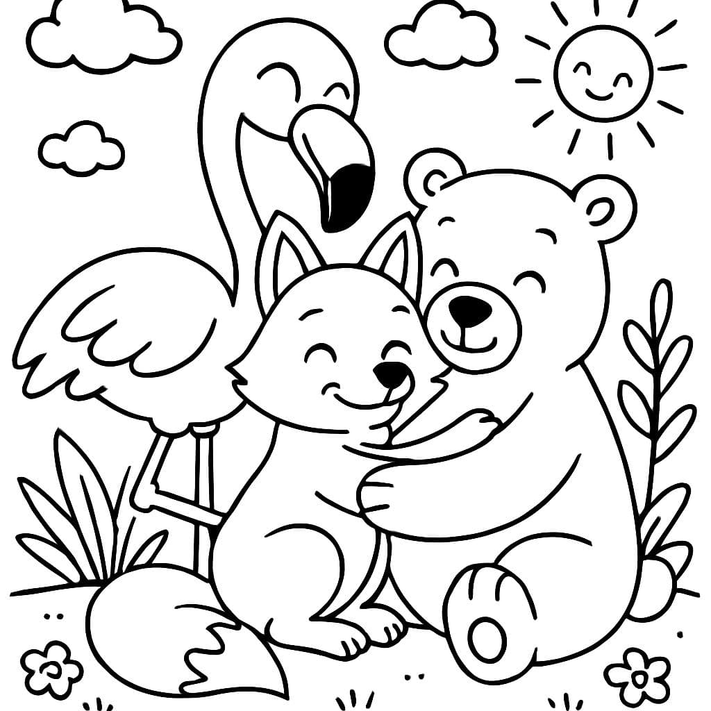 Flamingo, der einen Fuchs und einen Eisbären umarmt