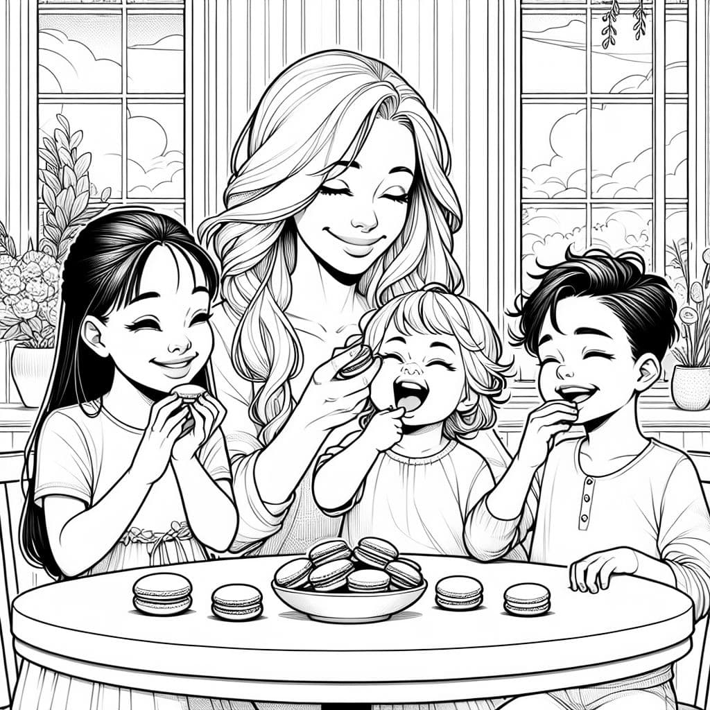 Mommy with 2 daughters and 1 son eating Macarons. The smaller daughter is disgusted.