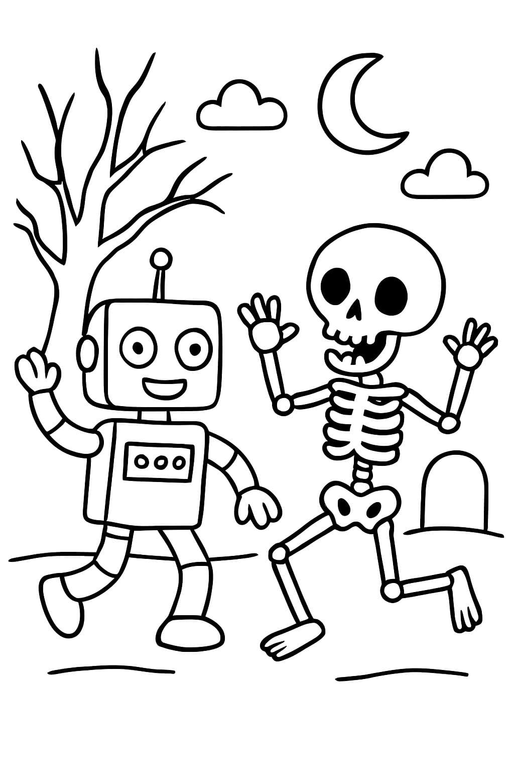 Robots y esqueletos bailando en un ambiente espeluznante