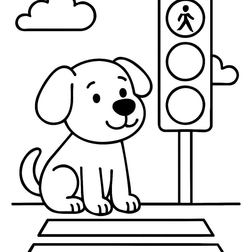 un chien à un feu de circulation avec des nuages et des piétons
